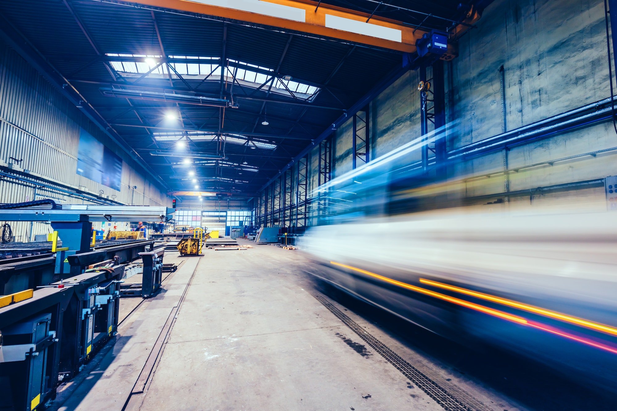 Factory work. Forklift moving at shipyard.